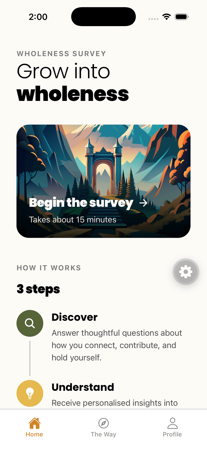 The NCD Life app, showing the wholeness survey