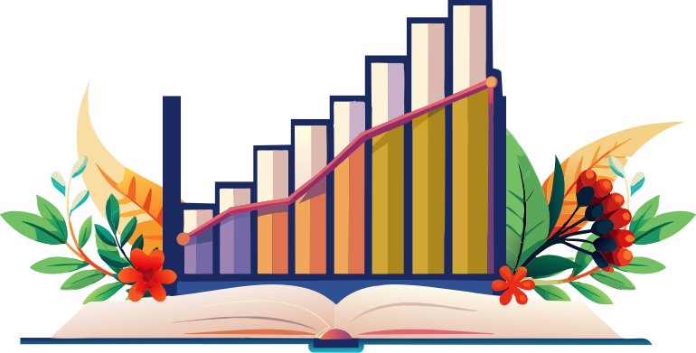 Barchart, line graph and open book montage.